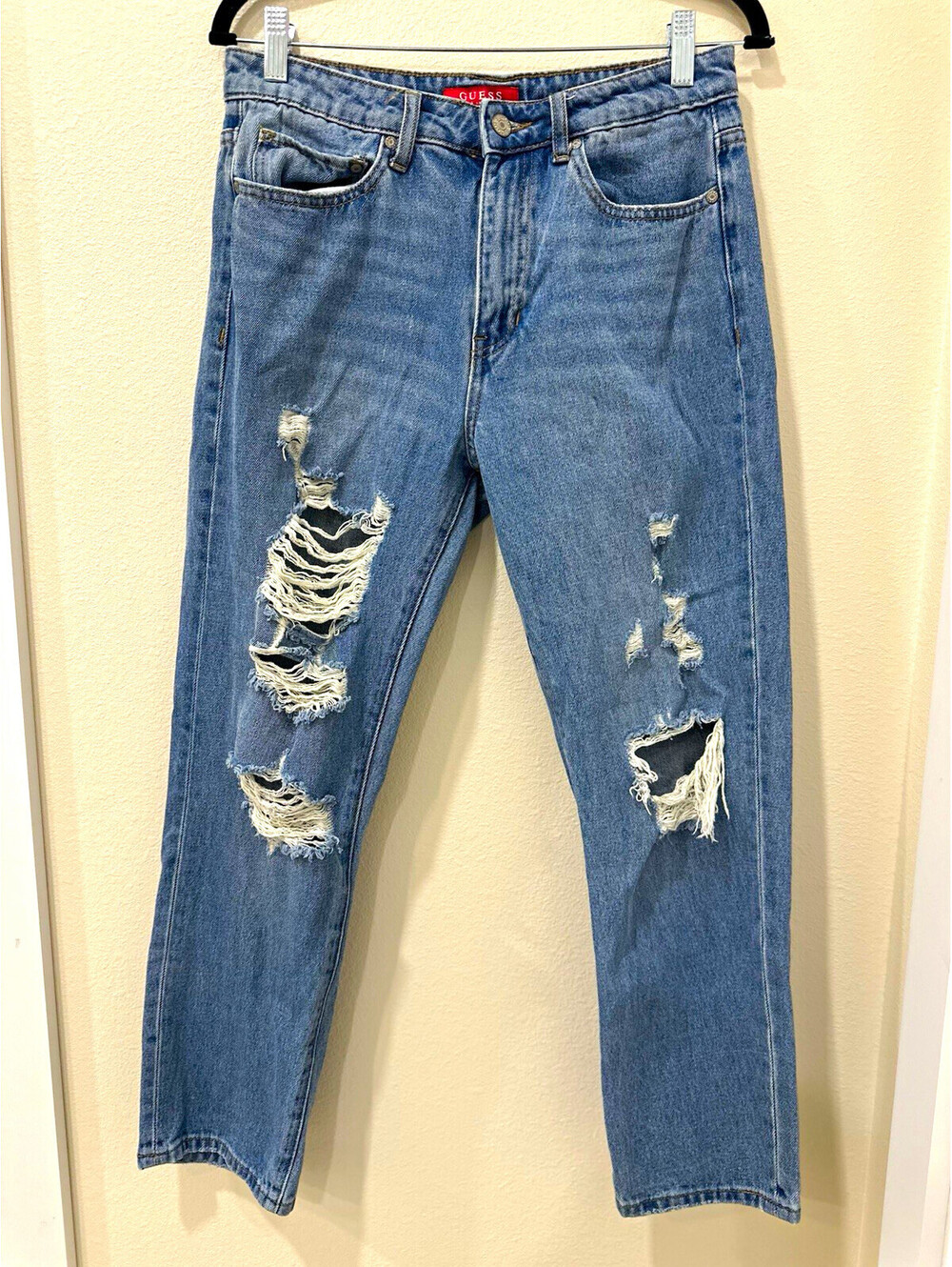 GUESS Womens High Rise Straight Jeans Medium Wash Distressed Denim 5-Pocket
